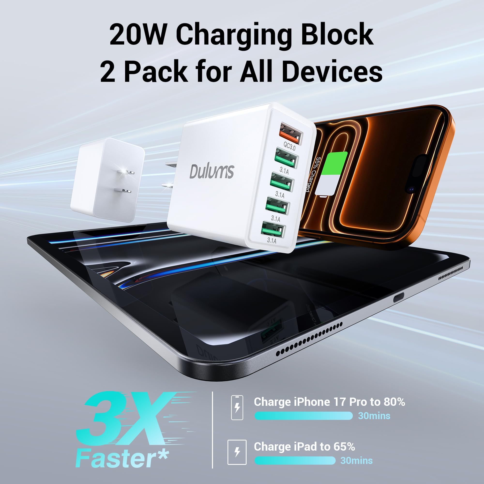 50W USB Wall Charger Block,2Pack 5-Port Charger Fast Charging Block QC 3.0