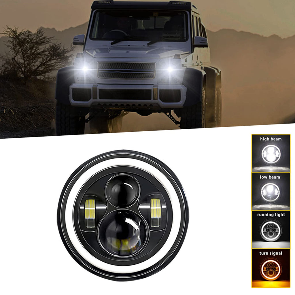 Shkalacar 7inch LED Headlight H4 140W Angel Eyes Round 4 Modes 14000LM 6000K