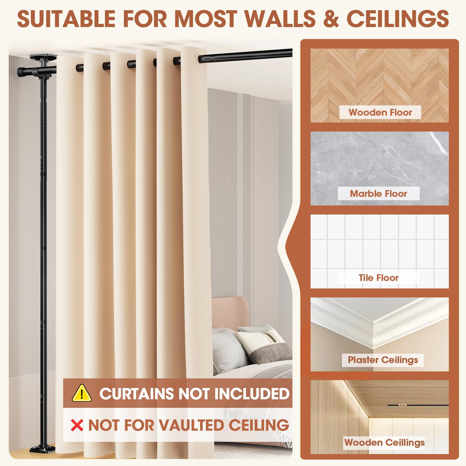 SUNALLY Room Divider Tension Curtain Rod Adjustable 4-10ft Black Heavy Duty