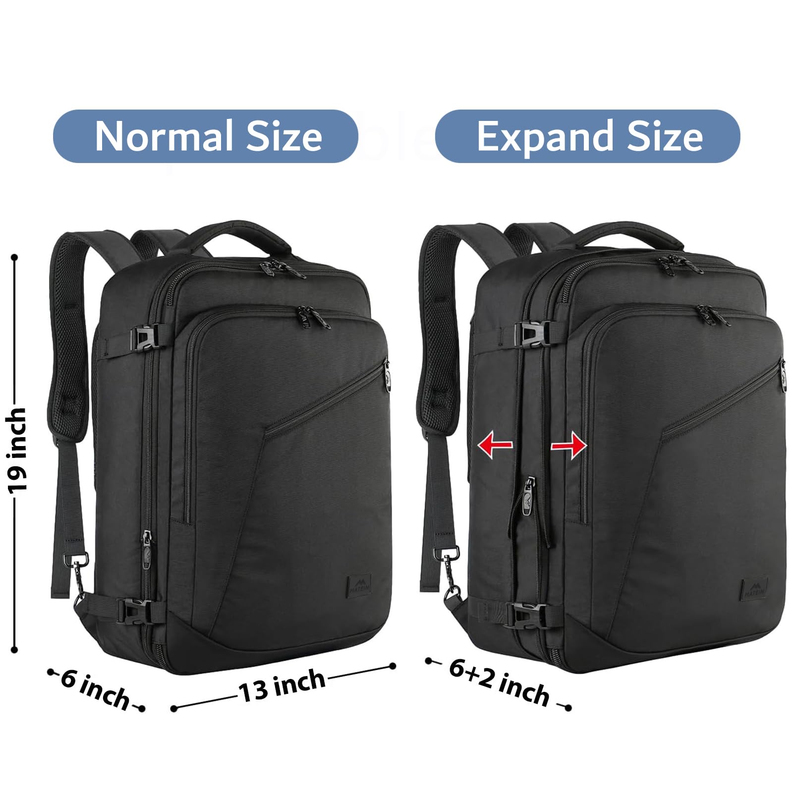 MATEIN 40L Carry On Travel Backpack Expandable Weekender Bag Black