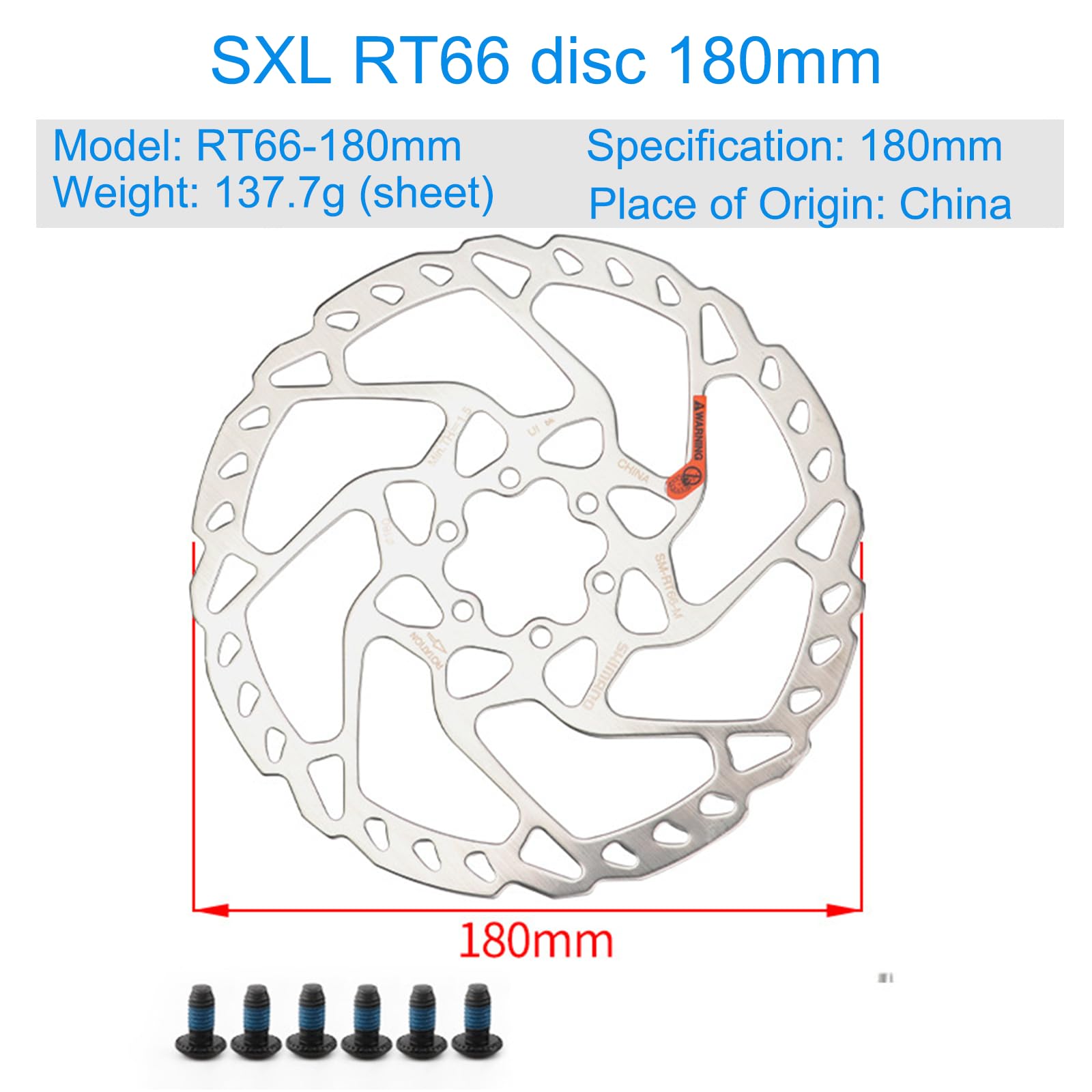 Designed for Shimano brake discs, compatible with Shimano SLX Rt66 Rotor - 6 Bolt One Color 180mm， Bicycle brake disc 180MM suitable for mountain bikes, road racing BMX， (Accessories bolts, gaskets)