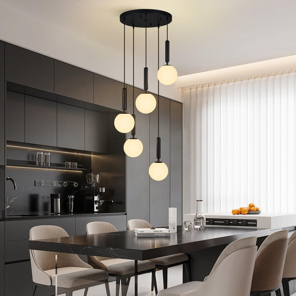 5 Light Black Globe Pendant Light Mid Century Modern Milk Glass Kitchen Island