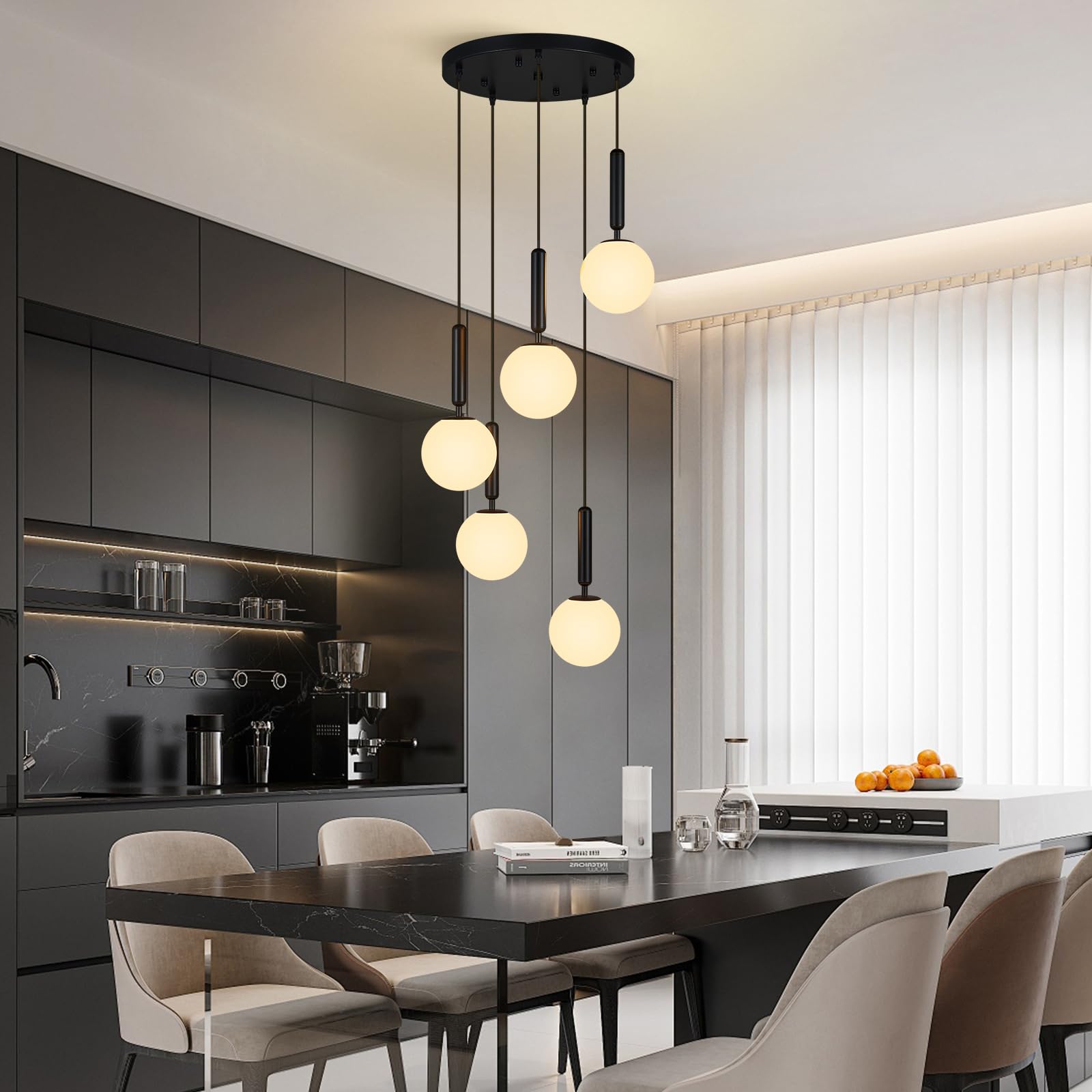 5 Light Black Globe Pendant Light Mid Century Modern Milk Glass Kitchen Island