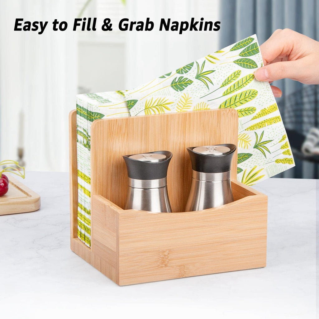 Bamboo Salt Pepper Napkin Holder Set Kitchen Dining Table Caddy Organizer
