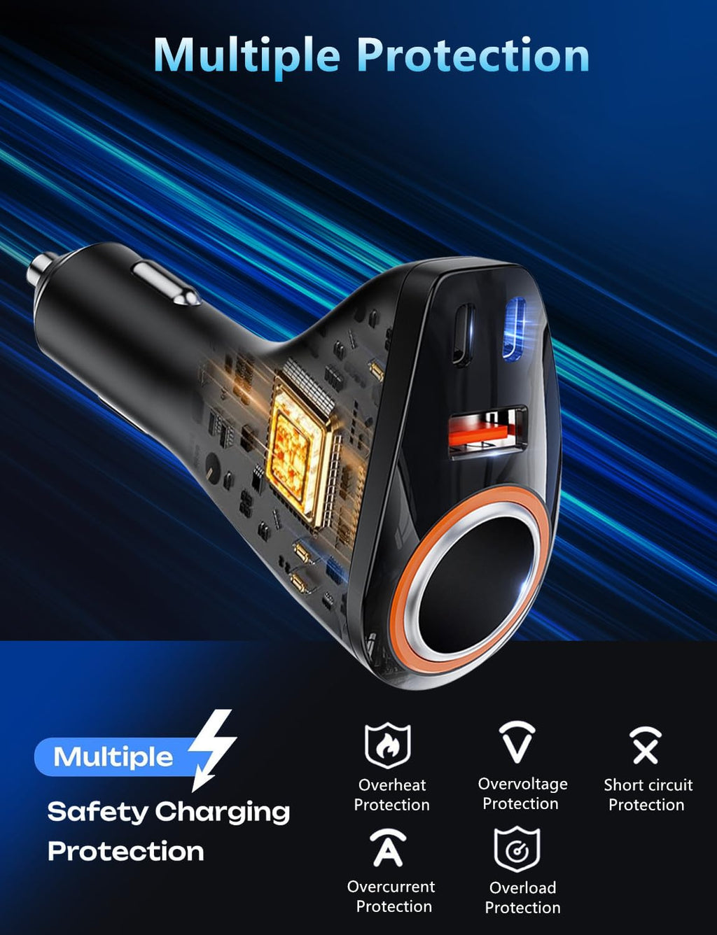 4 in 1 USB C Car Charger, 170W Multi USB Cigarette Lighter Adapter, Socket