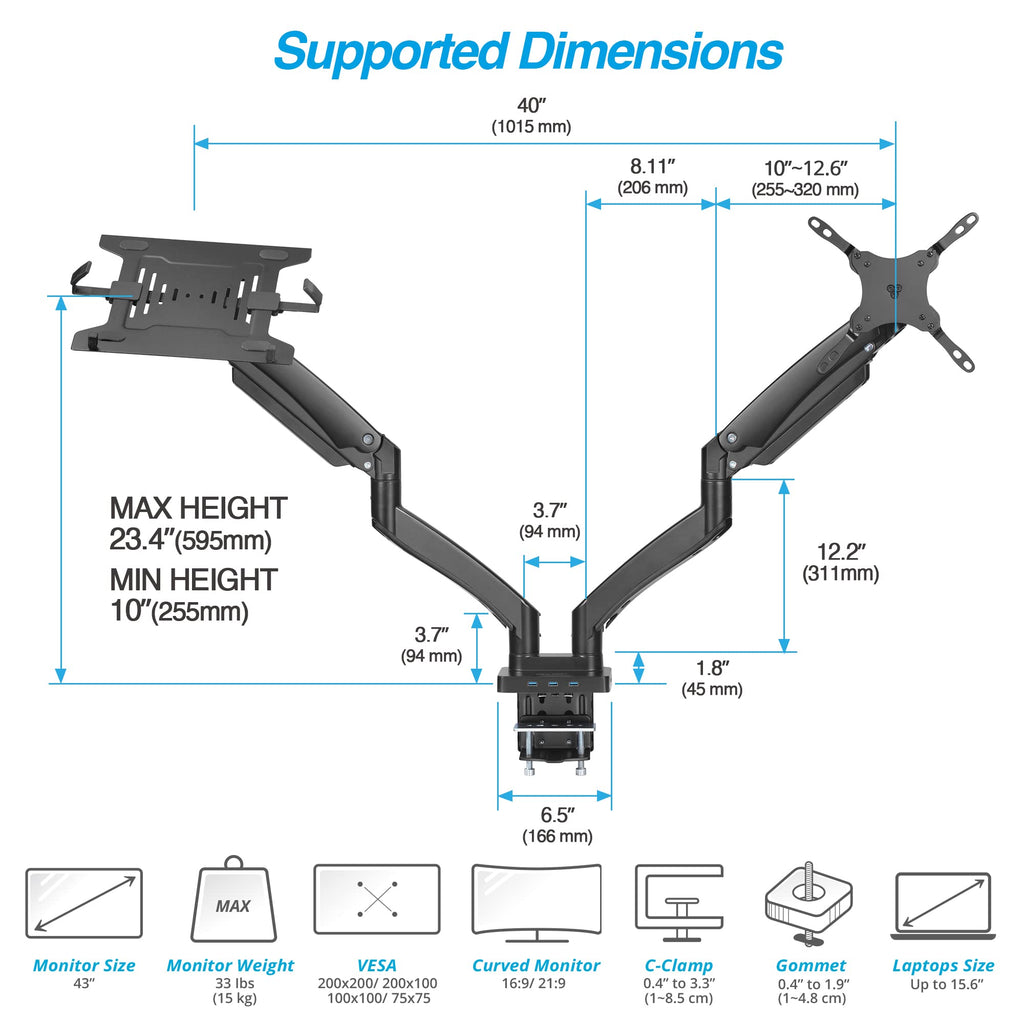 AVLT Dual Monitor Arm Desk Mount 17–43 inch USB-C Docking Station Laptop Tray