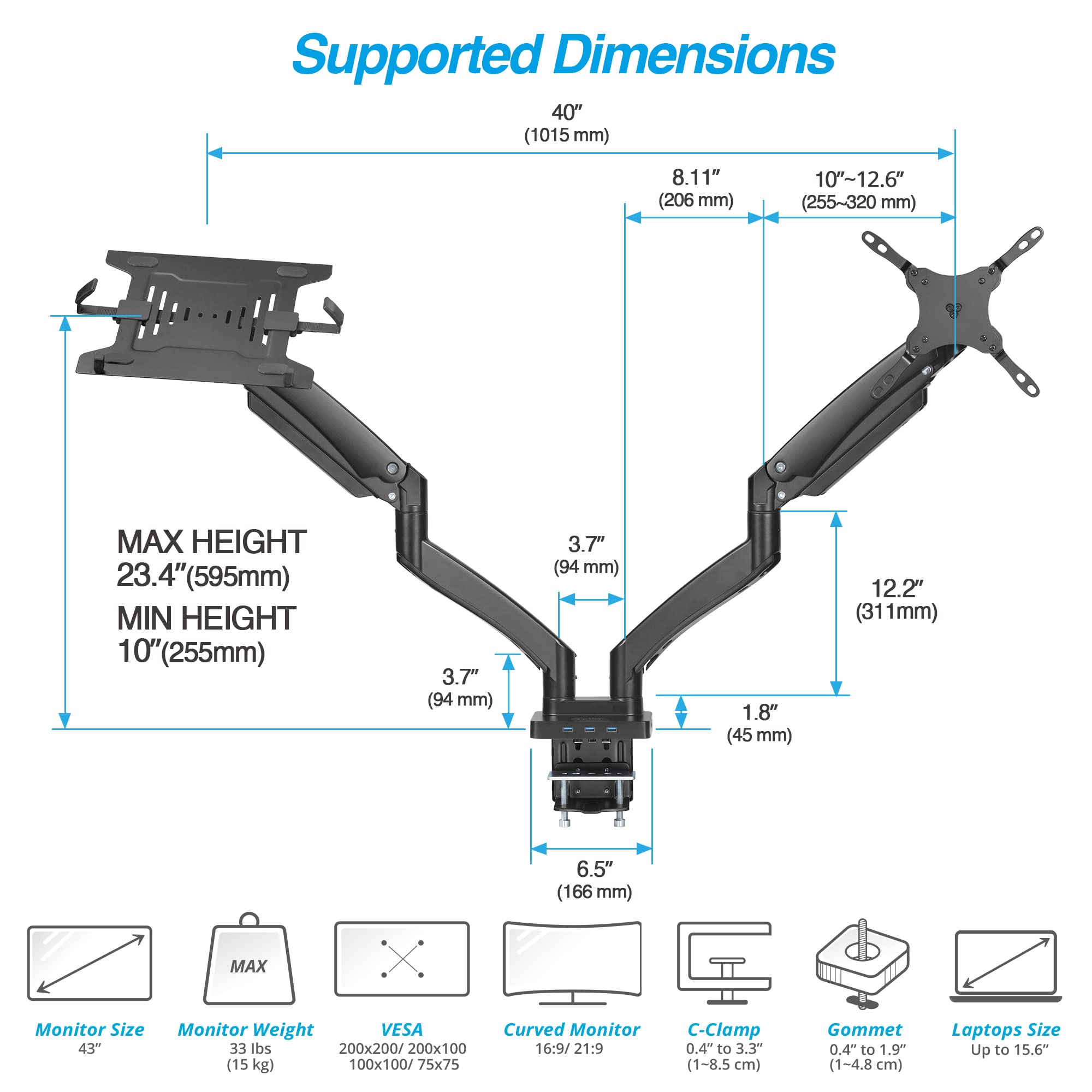 AVLT Dual Monitor Arm Desk Mount 17–43 inch USB-C Docking Station Laptop Tray