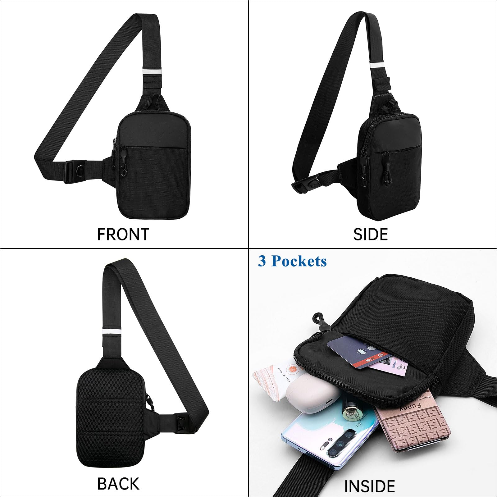 YAMEIZE Mini Crossbody Sling Bag - Trendy Small Chest Bag with Adjustable Strap for Men Women Multipurpose Daypack (Black-(Small))