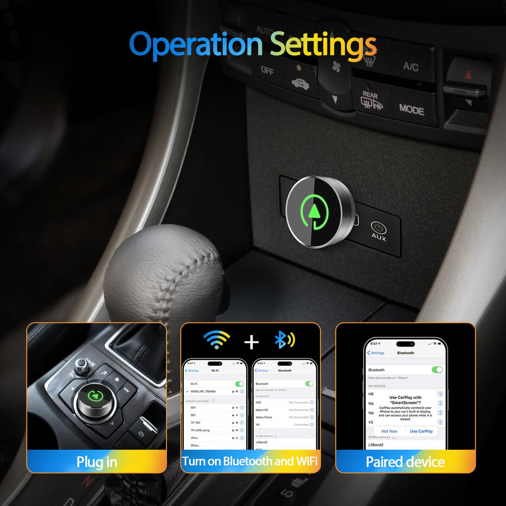 2-in-1 Wireless CarPlay Adapter for Apple iPhone & Android, Plug & Play, Auto
