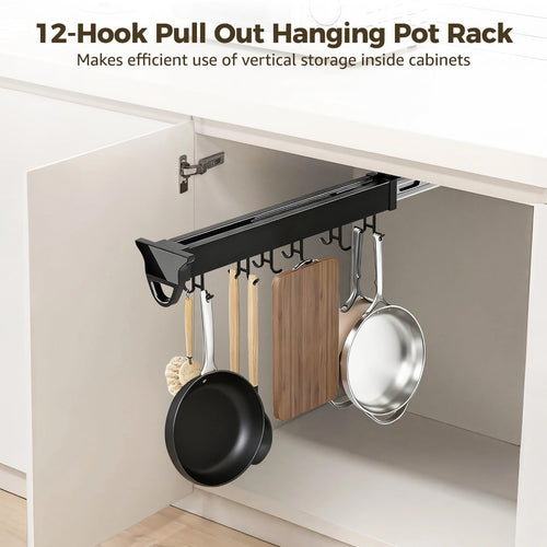 Homaisson Pull Out Pot Rack 12 Hook Sliding Under Cabinet Organizer Pots Pans