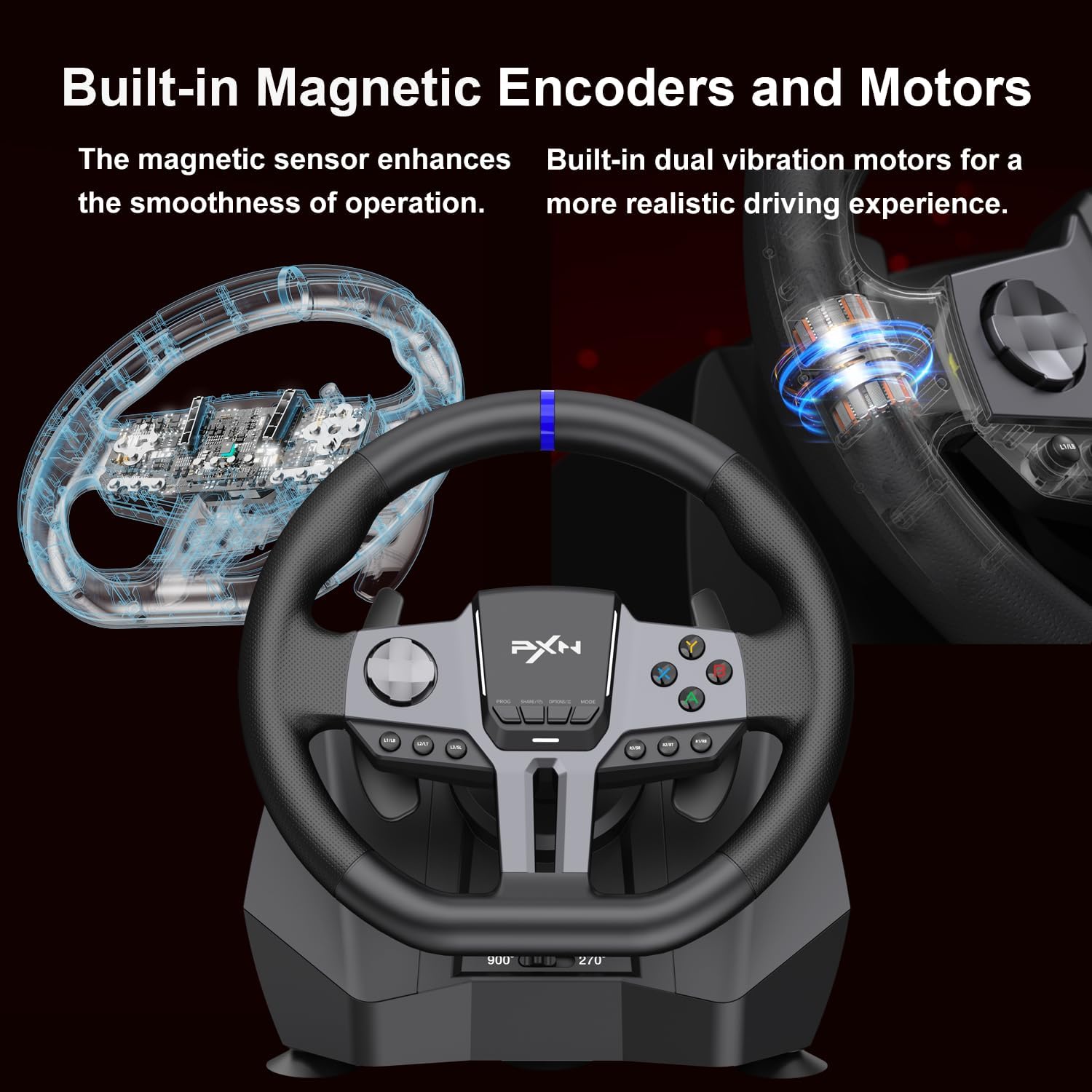 PXN - V9 Gen2 Racing Wheel - 270&900° Car Sim Steering Wheel, 3 Pedals, H