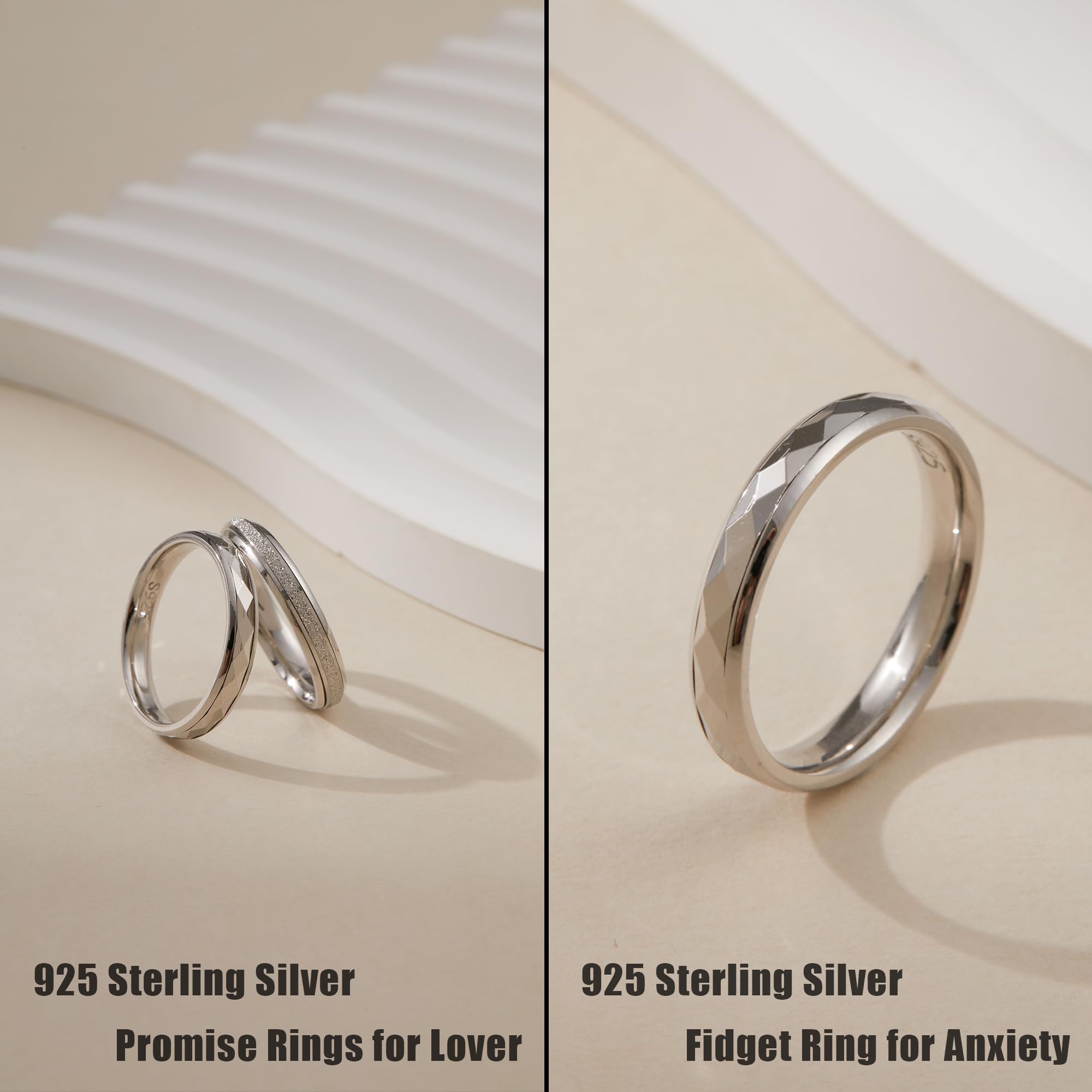 LOFITOR 925 Sterling Silver Fidget Ring for Women Band Multi-faceted Anxiety Ring 4mm Silver Band Spinner Ring for Men Stress Relief Anti-anxiety Rings Rhombus Size14.5