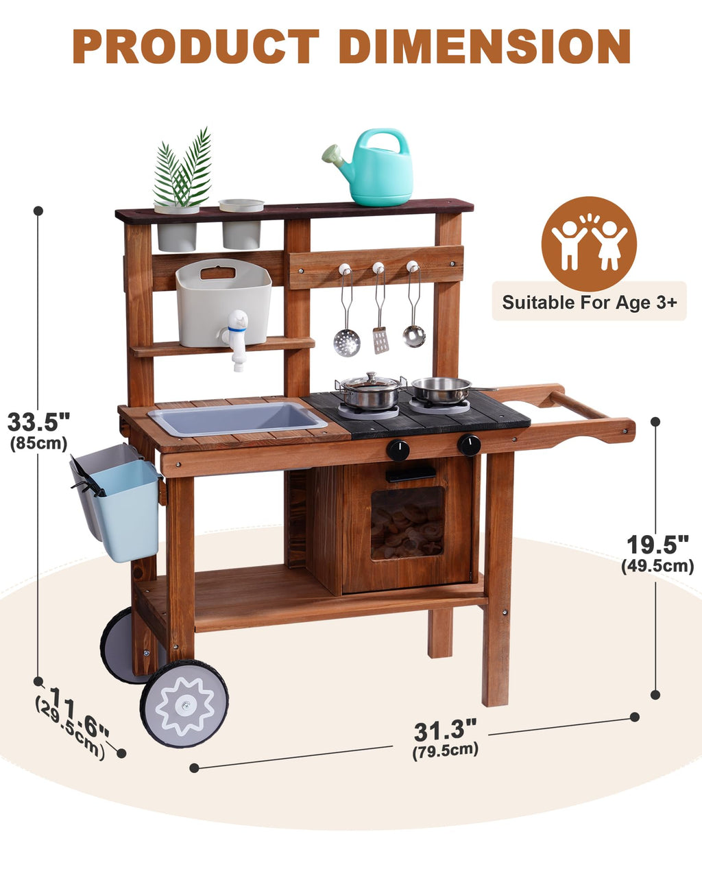 ROBOTIME Mud Kitchen for Kids Outdoor with Wheels, Fun Wooden Kid Kitchen