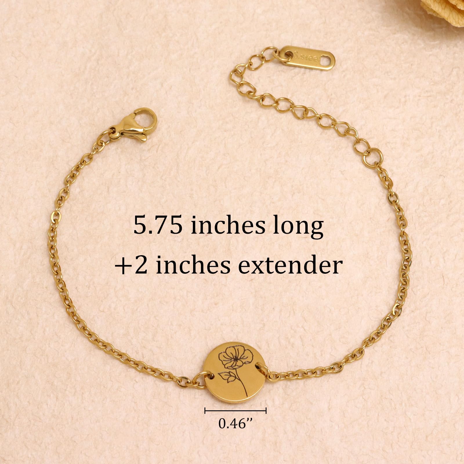 Birth Flower Gold Chain Bracelet for Women Adjustable Stackable Jewelry Gift