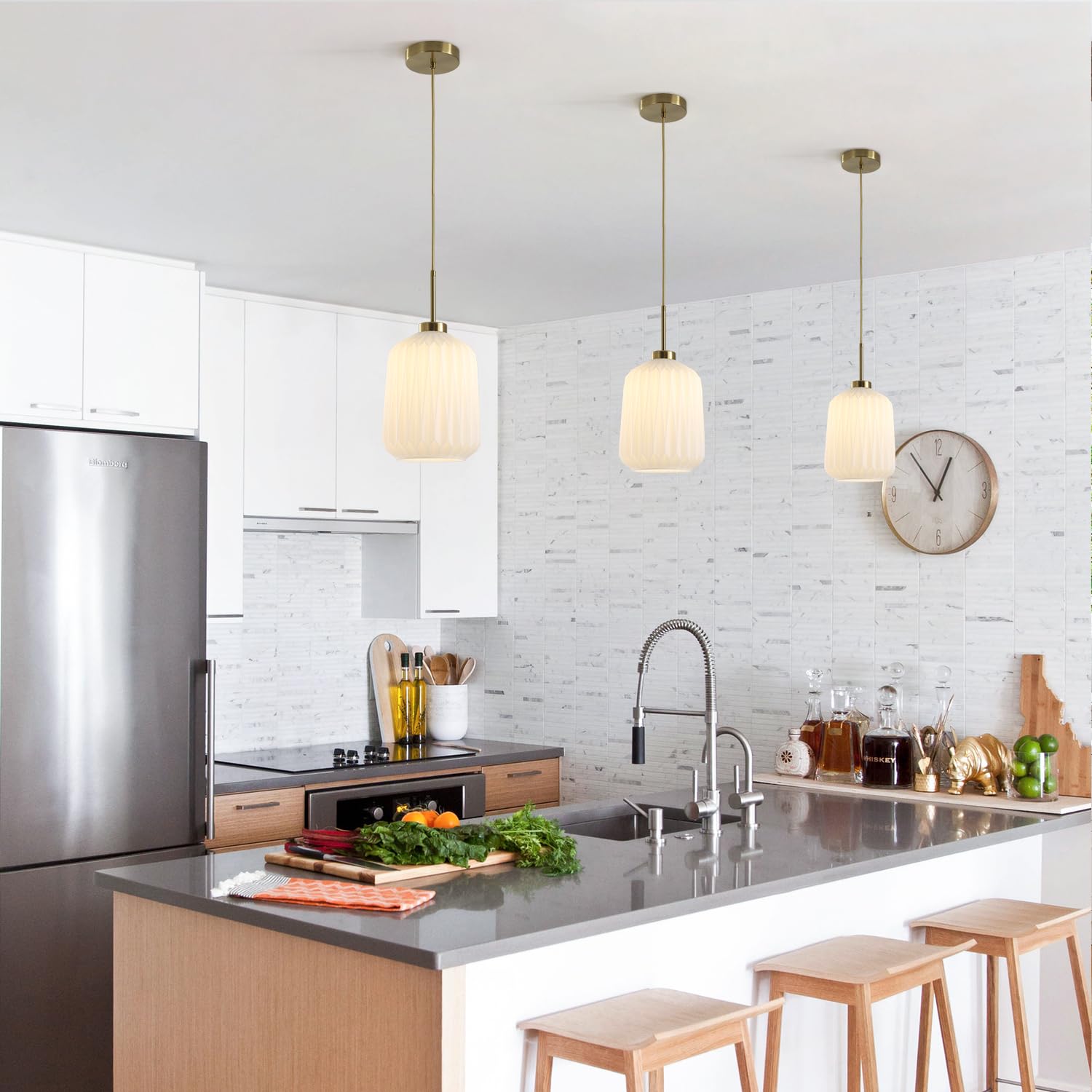 Fulesi Mid Century Gold Pendant Light White Glass Kitchen Island Fixture