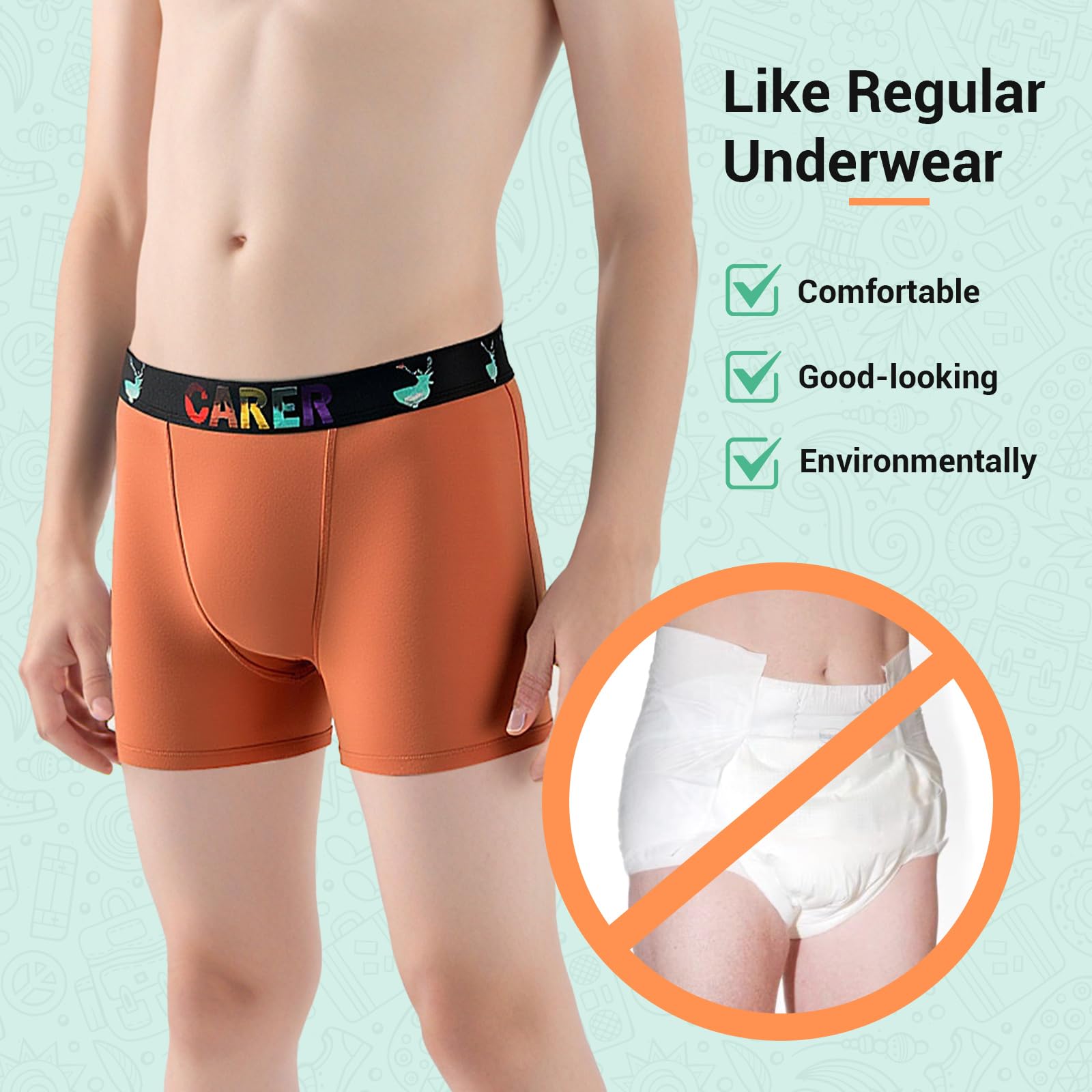 Carer 5 Pack Boys Washable Incontinence Underwear, Cotton Reusable Bedwetting