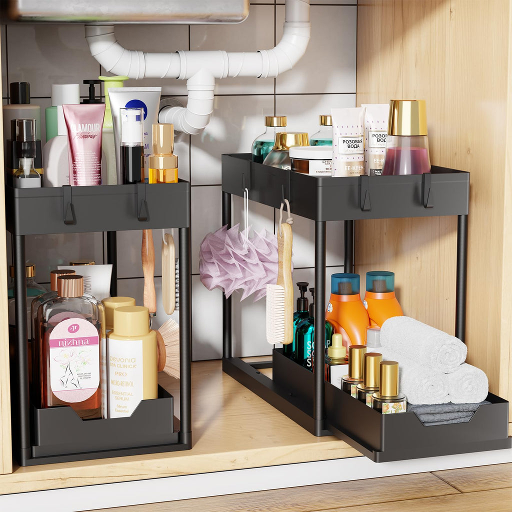 Under Sink Organizer 2 Pack Pull Out Sliding 2 Tier Cabinet Black