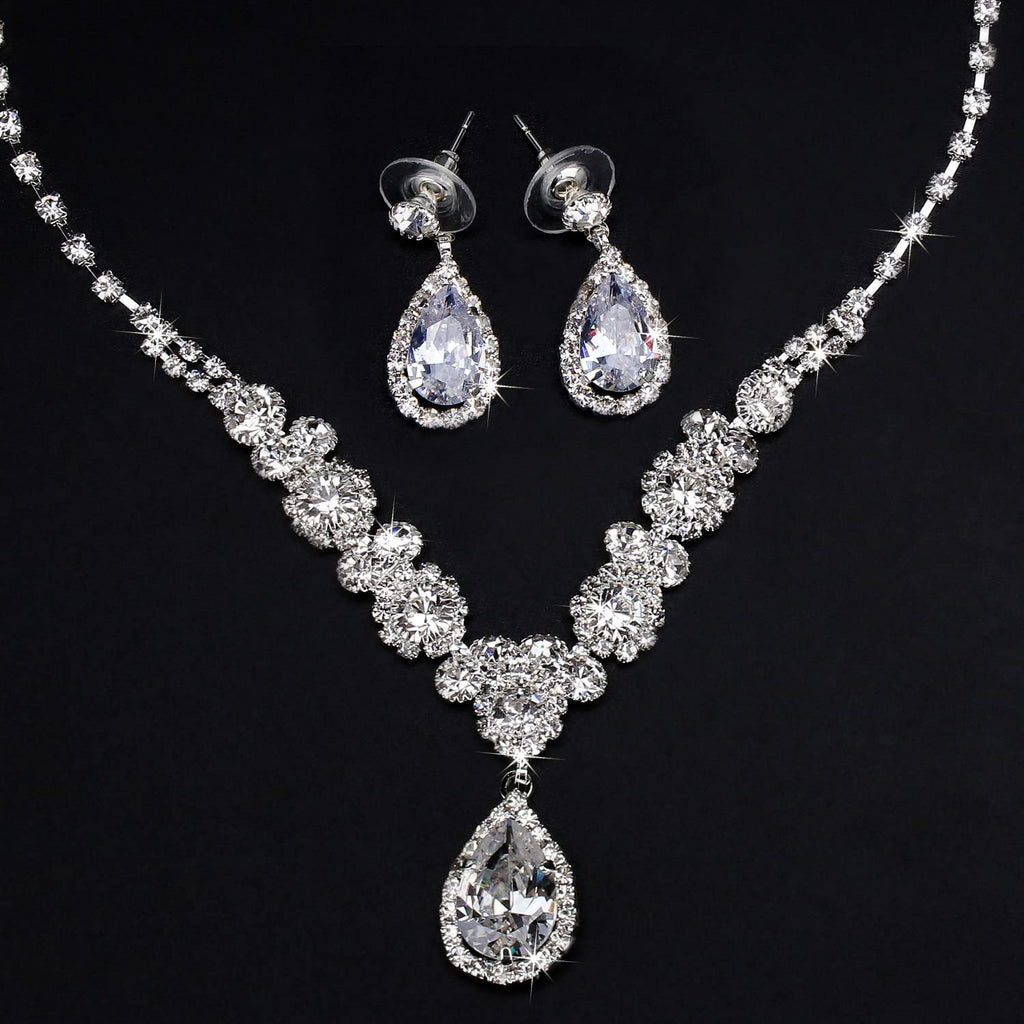 COCIDE Silver Jewelry Set Women Crystal Tiara Necklace Earrings Set