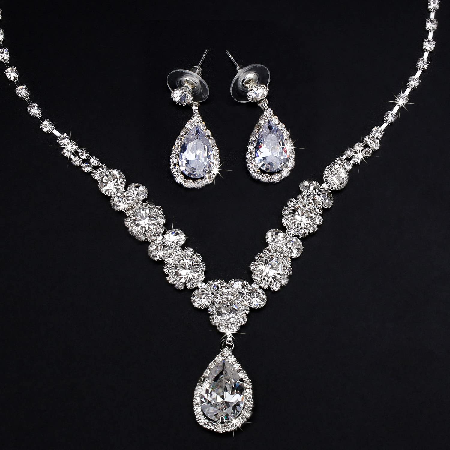 COCIDE Silver Jewelry Set Women Crystal Tiara Necklace Earrings Set