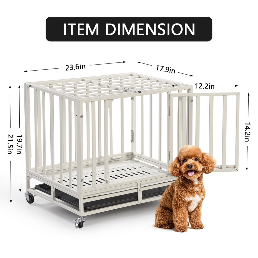 24 Inch Heavy Duty Dog Crate Cage Escape Proof Steel Kennel for High Anxiety Dogs with Sturdy Locks and Removable Tray, Small Dog Crate, White