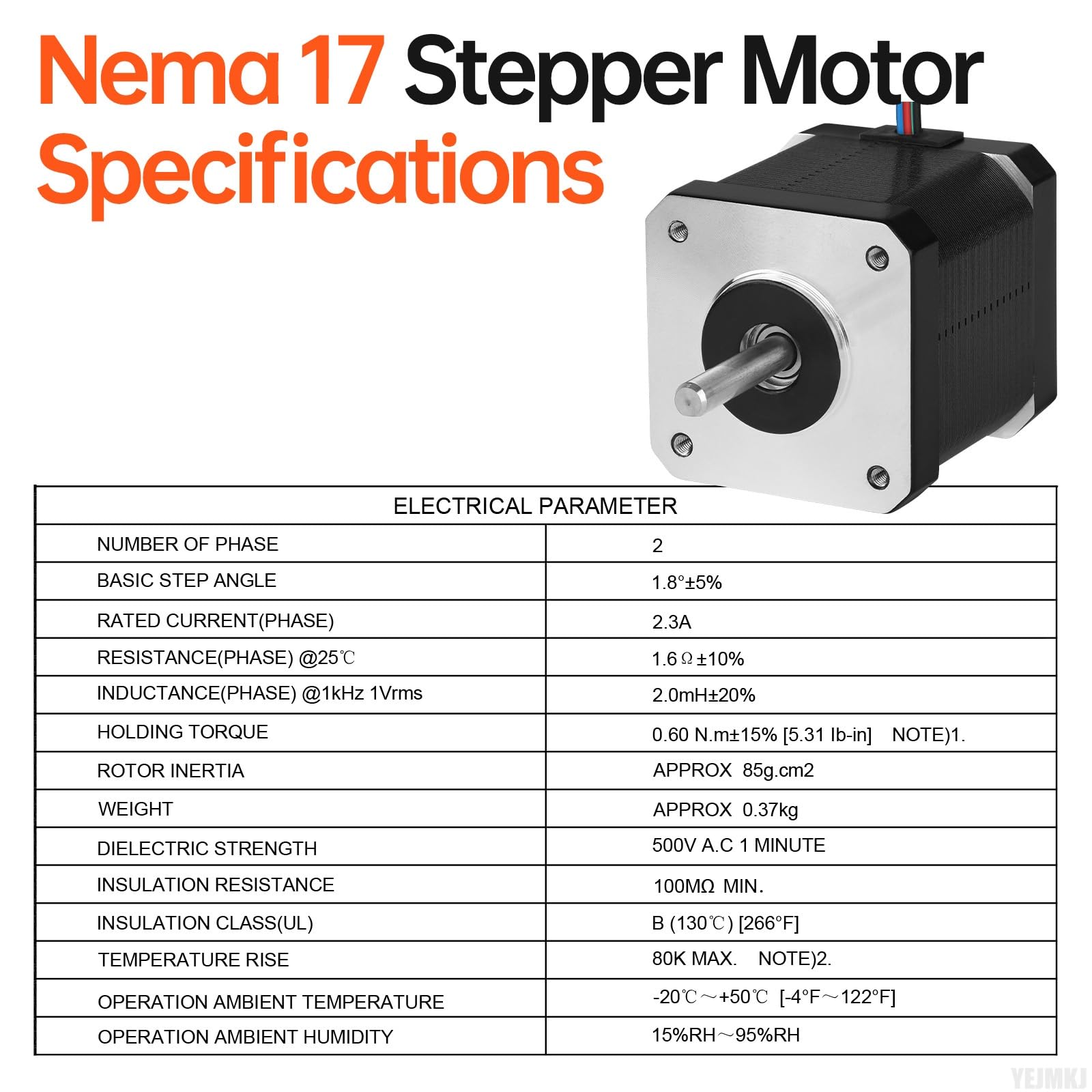 YEJMKJ Nema 17 Stepper Motor 42x47mm 0.6Nm (84.97oz·in) 2.3A 1.6Ω Bipolar