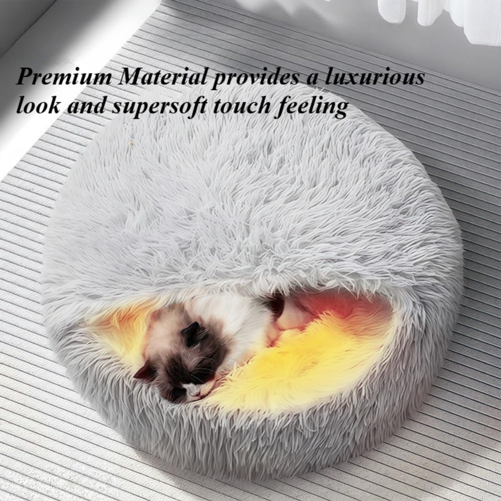 Hooded Cat Bed Cave Round Donut 19.69 inch Plush Anti-Anxiety Calming Dog Bed
