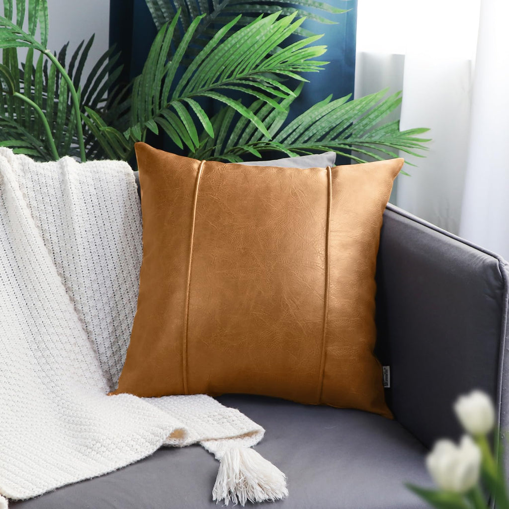 BRAWARM Tan Leather Throw Pillow Covers 22 X 22 Inches - Faux Leather Pillow