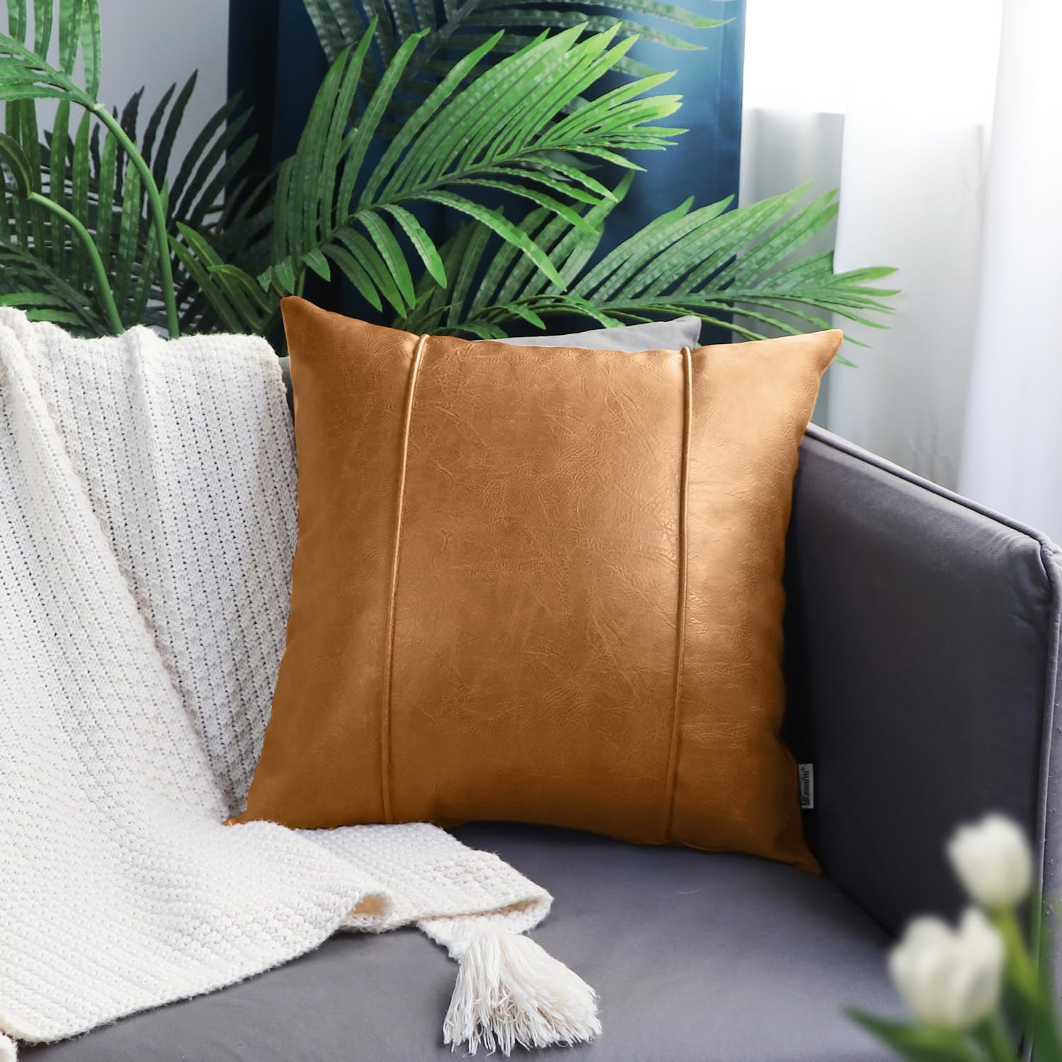 BRAWARM Tan Leather Throw Pillow Covers 22 X 22 Inches - Faux Leather Pillow