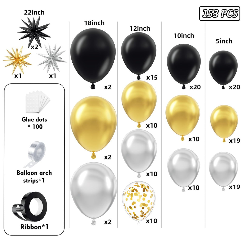 PTGOLUO Black Gold and Silver Balloon Arch Garland Kit 153pcs with Star, 22 18