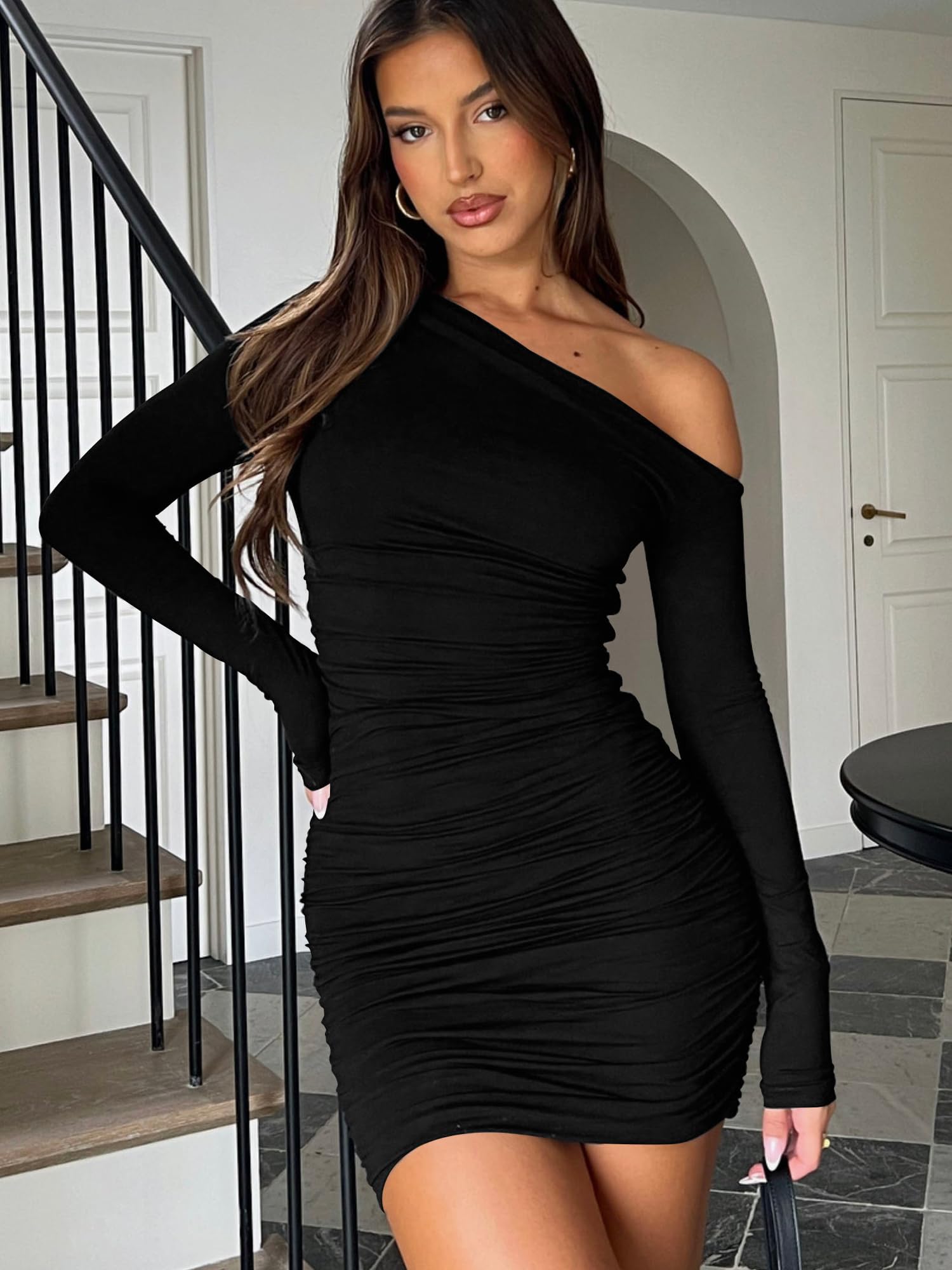 Mokoru Womens Off Shoulder Bodycon Mini Dress Ruched Cocktail Party Dress Small