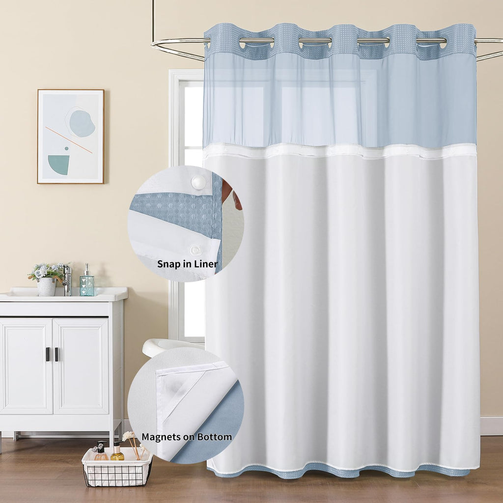 No Hook Shower Curtain w/Snap Liner Mesh Window Fog Blue 72x75 Waffle
