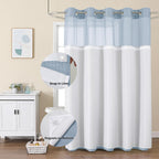 No Hook Shower Curtain w/Snap Liner Mesh Window Fog Blue 72x75 Waffle