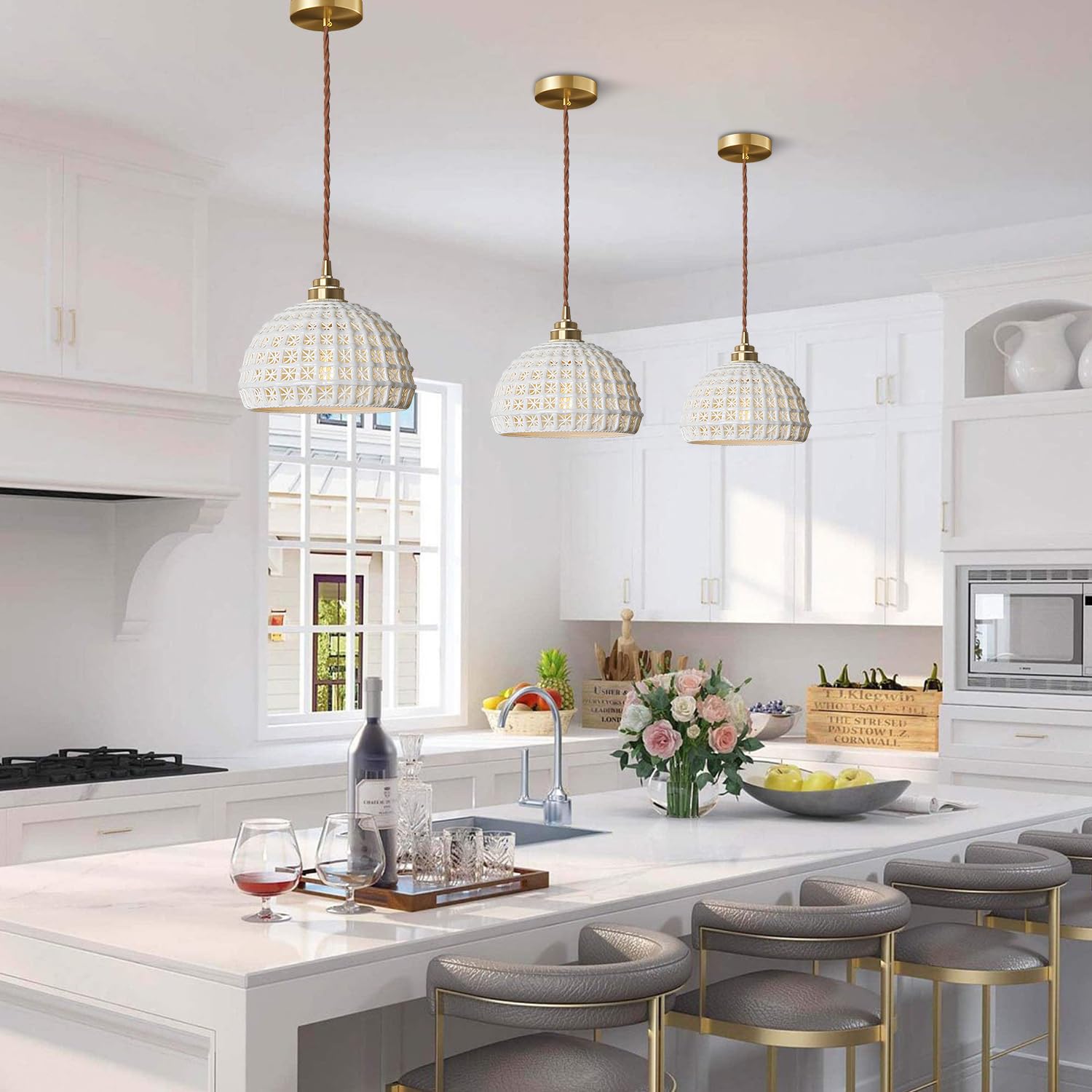 Fulesi White Ceramic Pendant Light Elegance Nordic Hanging Lamp Brass Finish