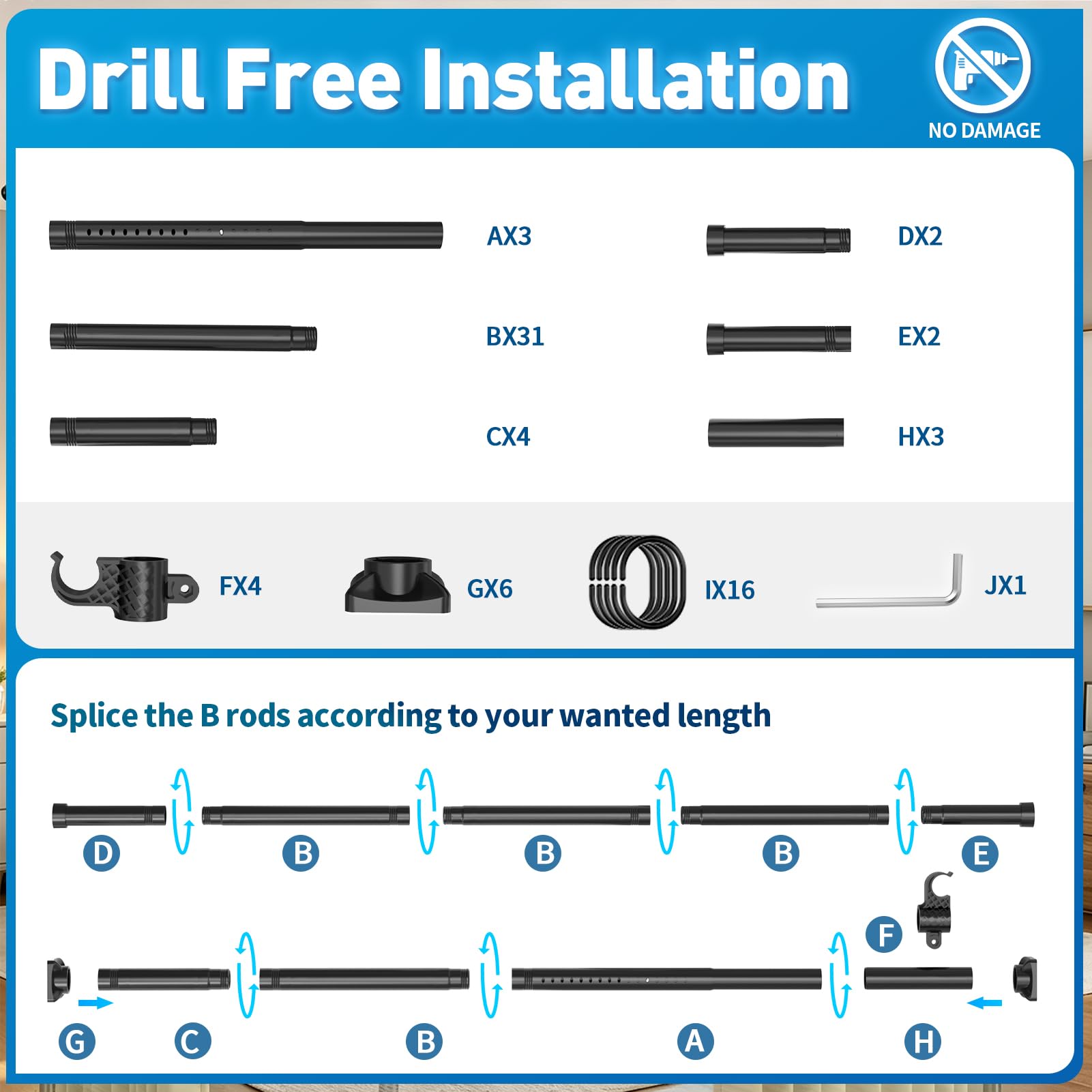 SUNALLY Tension Curtain Rod Room Divider 4-10FT No Drill Floor Ceiling Black