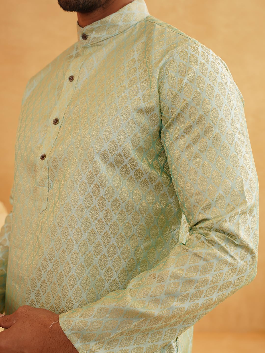Sojanya (Since 1958 Men'S Jacquard Silk Pista Green Self Design Only Kurta, Size 38