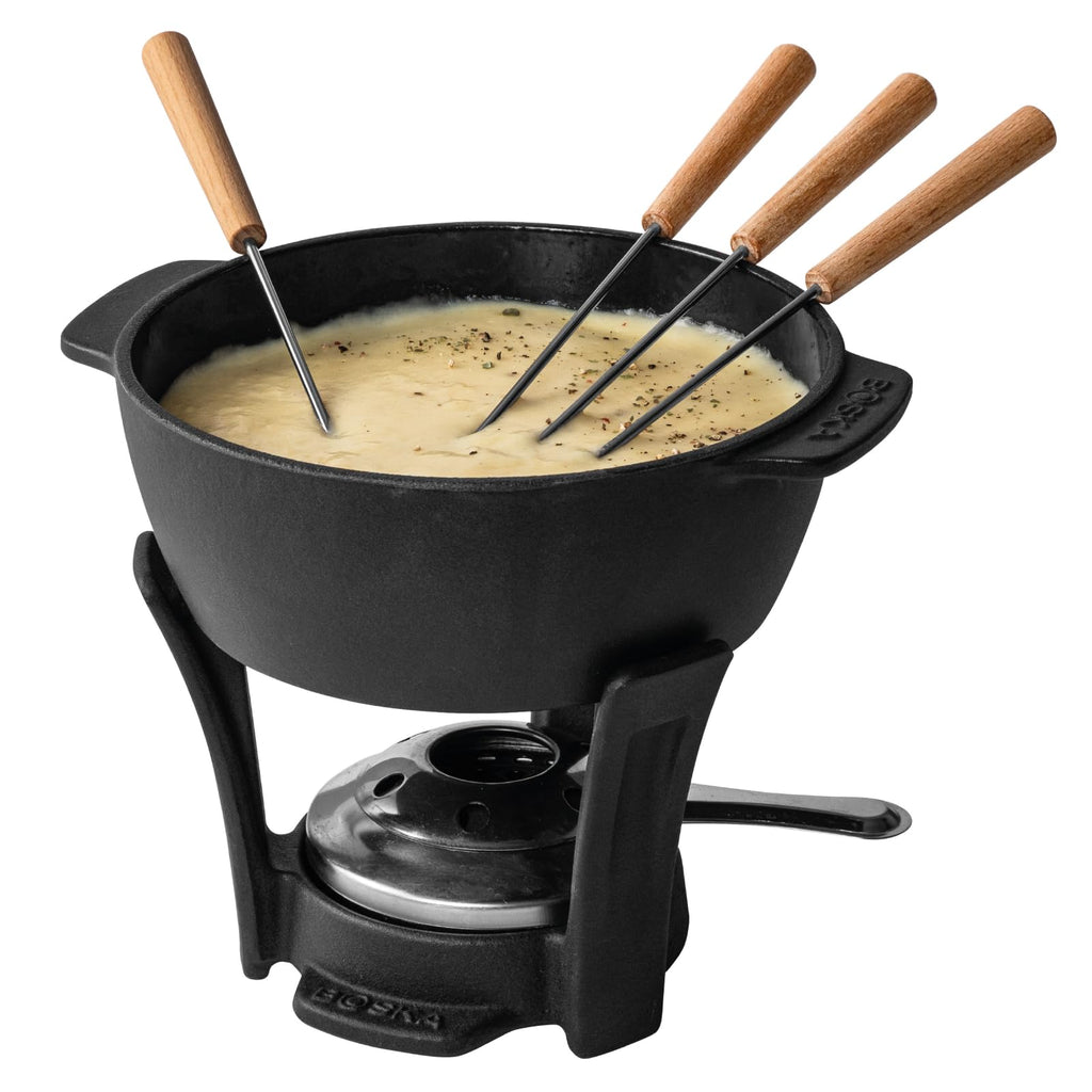 BOSKA Round Cast Iron Fondue Pot Party Pro Burner 4 Forks All Stove Cheese