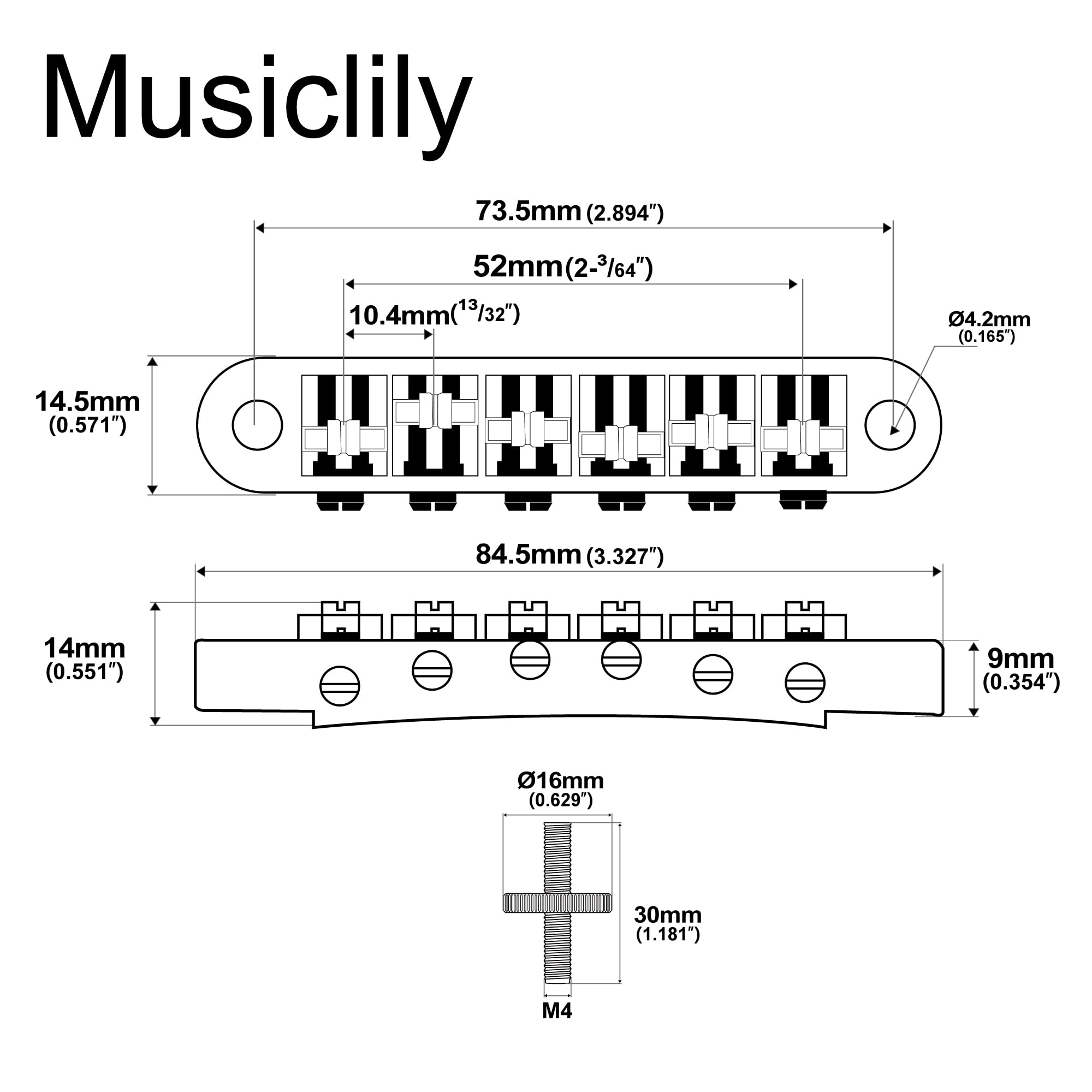 Musiclily Pro 10.4mm Guitar Roller Saddle Bridge ABR Tune-O-Matic Bridge With M4 Post for Les Paul SG Style Electric Guitar Replacement, Nickel