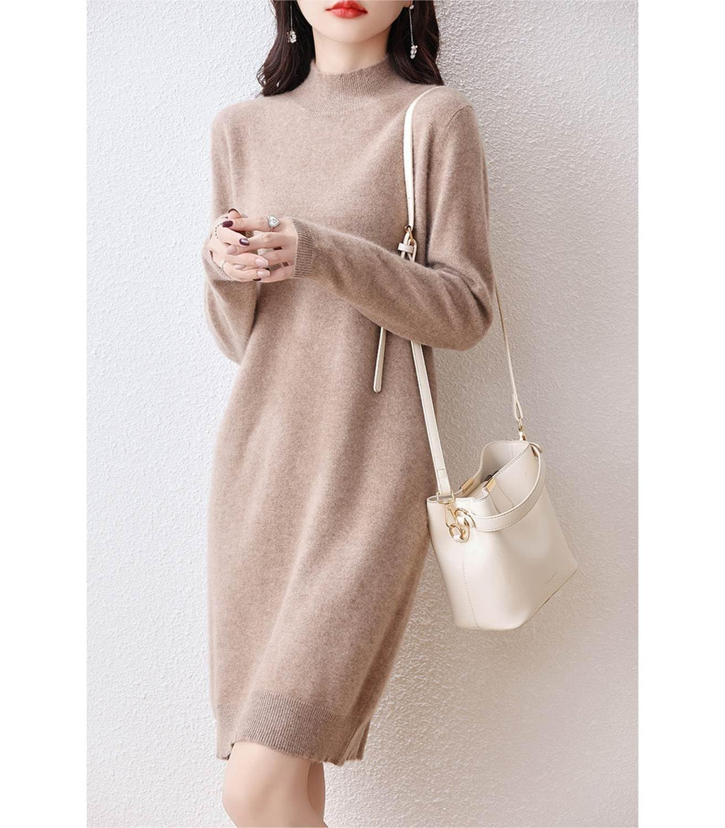 Ailaile 100% Merino Wool Sweater Dress Women's Long Sleeve Mock Neck Pullover