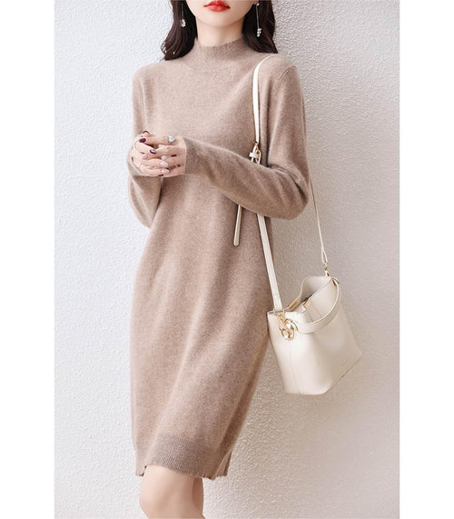 Ailaile 100% Merino Wool Sweater Dress Women's Long Sleeve Mock Neck Pullover