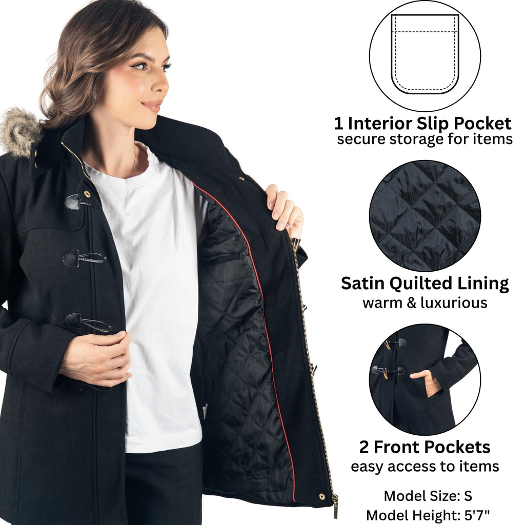 Alpine Swiss Duffy Womens Wool Blend Toggle Coat Removable Faux Fur Hood Classic