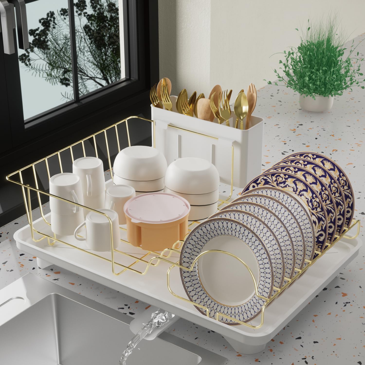 Buruis Gold Stainless Steel Dish Drying Rack Large Kitchen Countertop Organizer