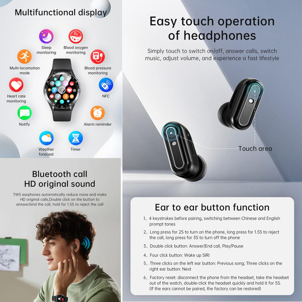 X10 Smart Watch with Earbuds for iPhone Android Smartphones 1.39 Inch Round