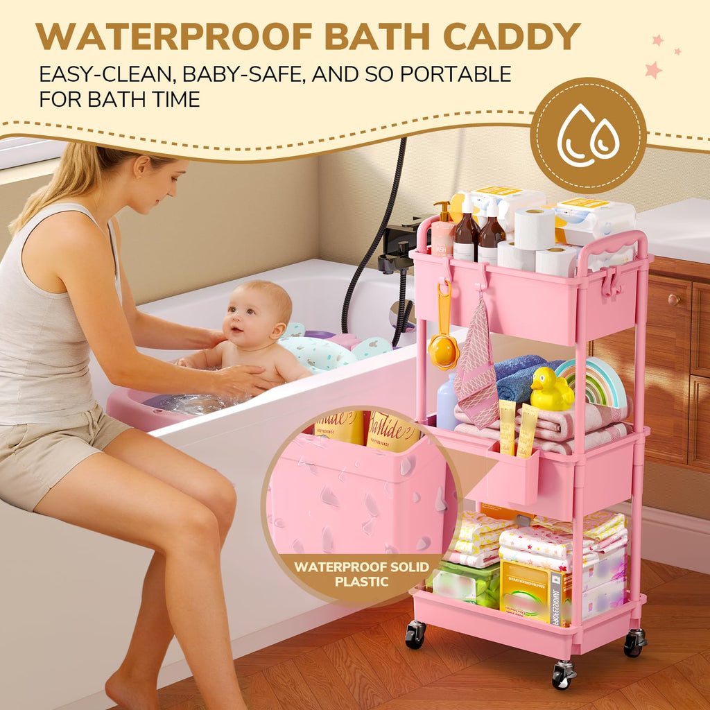 Goovilla Diaper Cart with Lockable Wheels and Easy Assembly, 3 Tier Pink Rolling