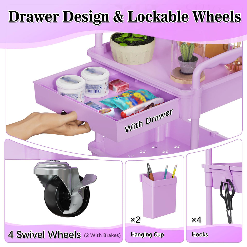 SUNALLY 4 Tier Rolling Cart Organizer w/ Drawer Storage Cart Purple Wheels
