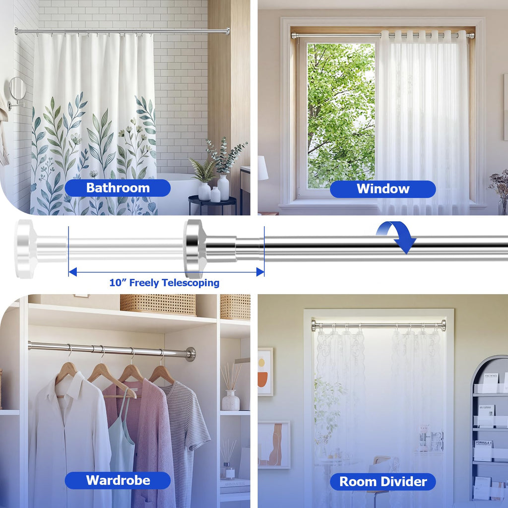 Bonpally Shower Curtain Rod, Adjustable 32-75 Inches Spring Tension Rod, Non-Slip No Drilling Stainless Steel Shower Rods for Bathroom Window Room Divider, Never Rust, Chrome