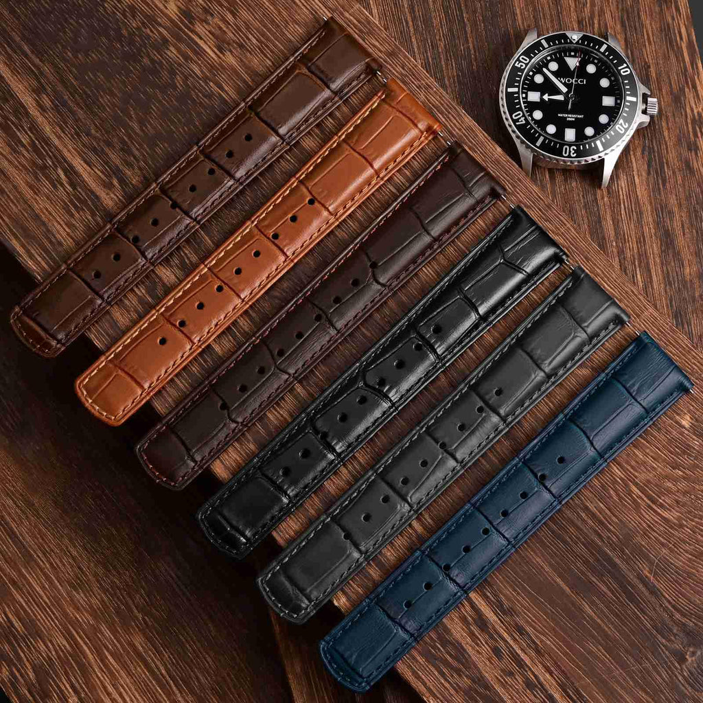 WOCCI 20mm Watch Band, Top Grain Leather, Embossed Alligator Grain, Quick