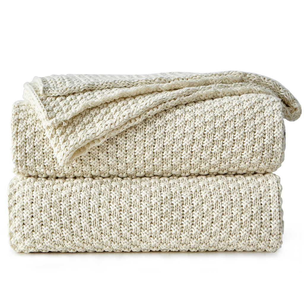 Longhui bedding 100% Cotton Knitted Throw Blanket – Cream, Soft & Cozy, Machine