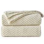 Longhui bedding 100% Cotton Knitted Throw Blanket – Cream, Soft & Cozy, Machine