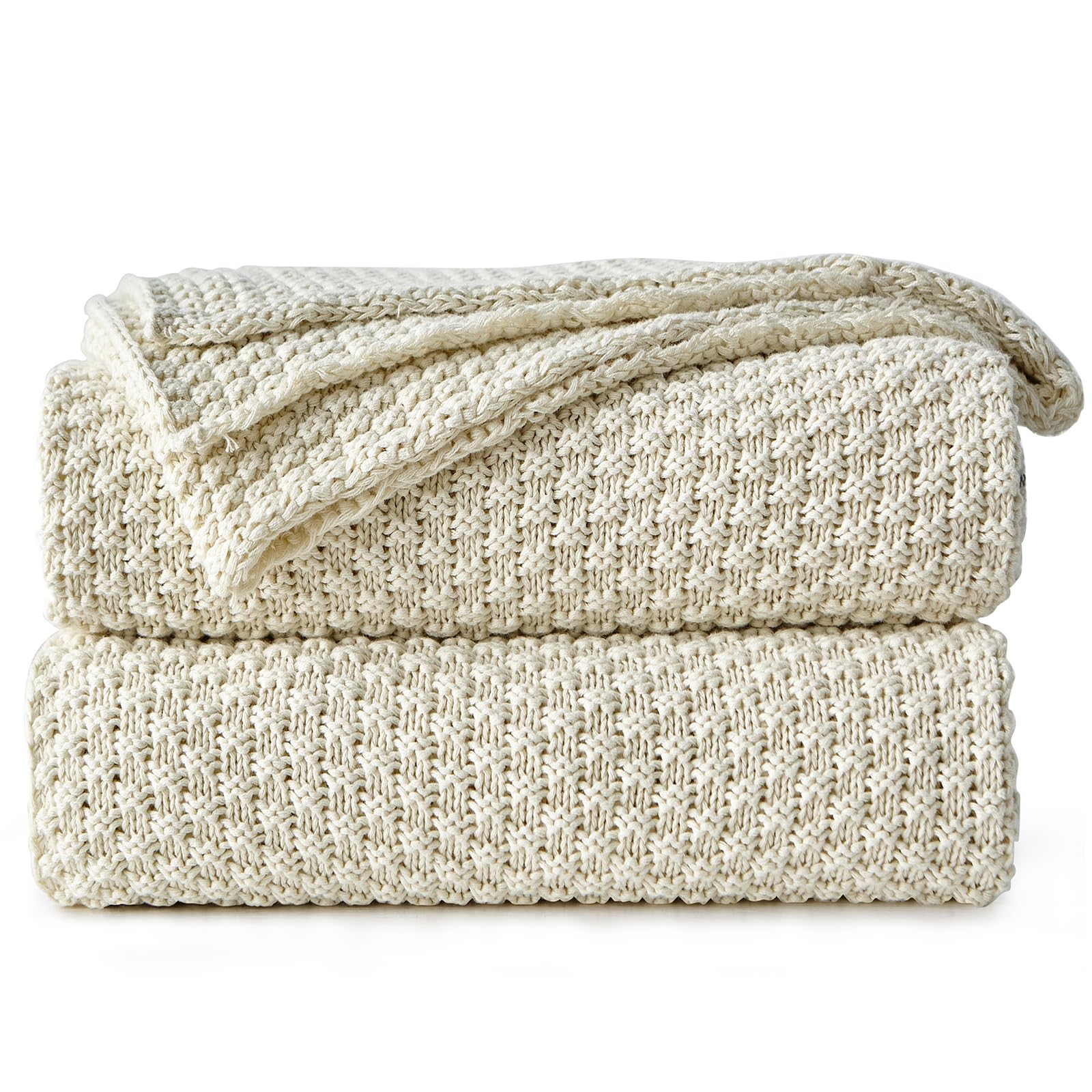 Longhui bedding 100% Cotton Knitted Throw Blanket – Cream, Soft & Cozy, Machine