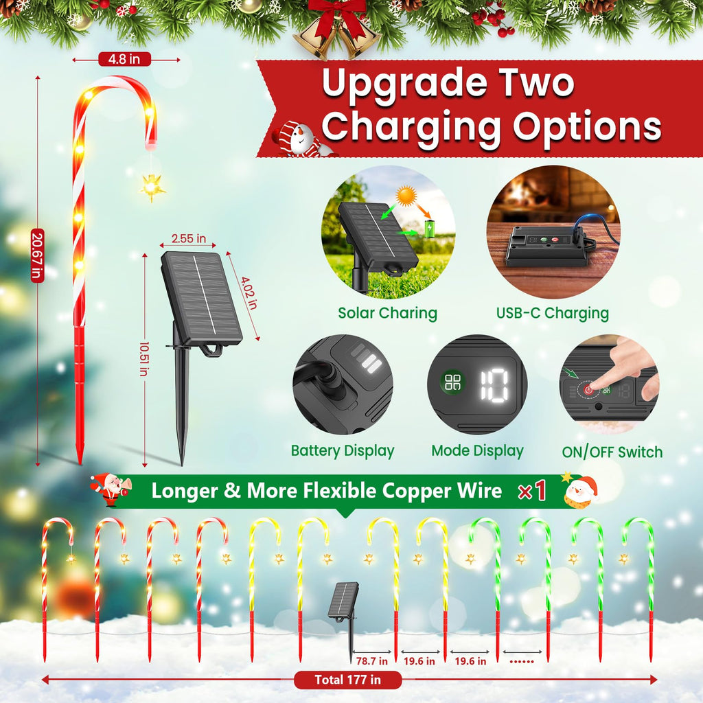 2025 Upgraded Christmas Decorations Outdoor Solar Candy Cane Lights, 10 Modes Waterproof Solar Christmas Pathway Lights with USB Charge, 28 FT 72 LEDs Outdoor Xmas Decor for Yard Lawn Porch Holiday